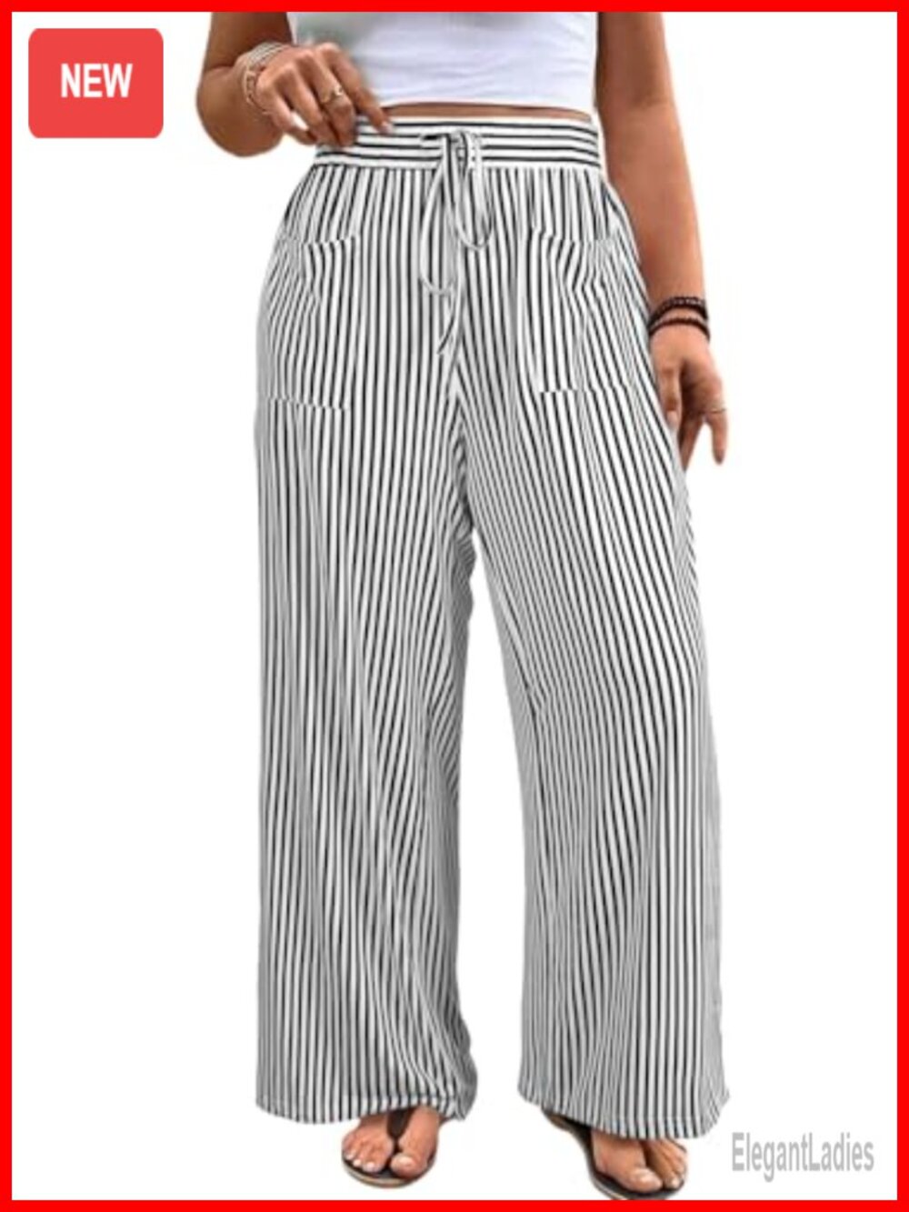 Plus Size Wide Leg Palazzo Pants Elastic High Waist Striped Casual Lounge